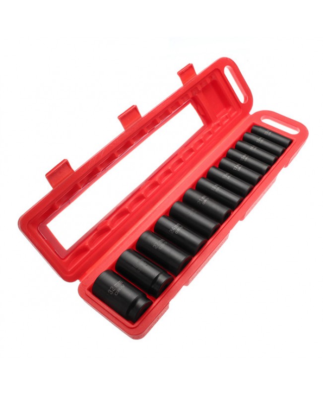 13pcs 10-32mm Drive Deep Impact Socket Set CR-V Metric Garage Wrench Tool