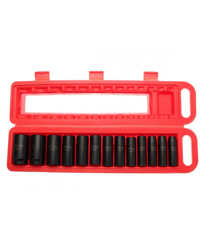 13pcs 10-32mm Drive Deep Impact Socket Set CR-V Metric Garage Wrench Tool