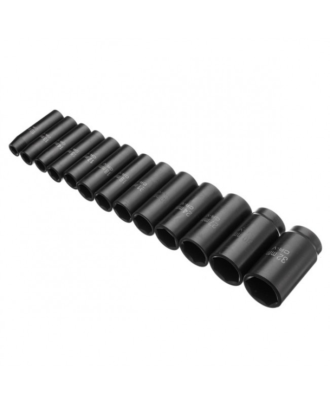 13pcs 10-32mm Drive Deep Impact Socket Set CR-V Metric Garage Wrench Tool