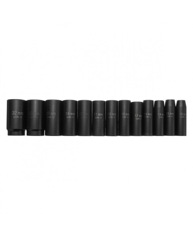 13pcs 10-32mm Drive Deep Impact Socket Set CR-V Metric Garage Wrench Tool