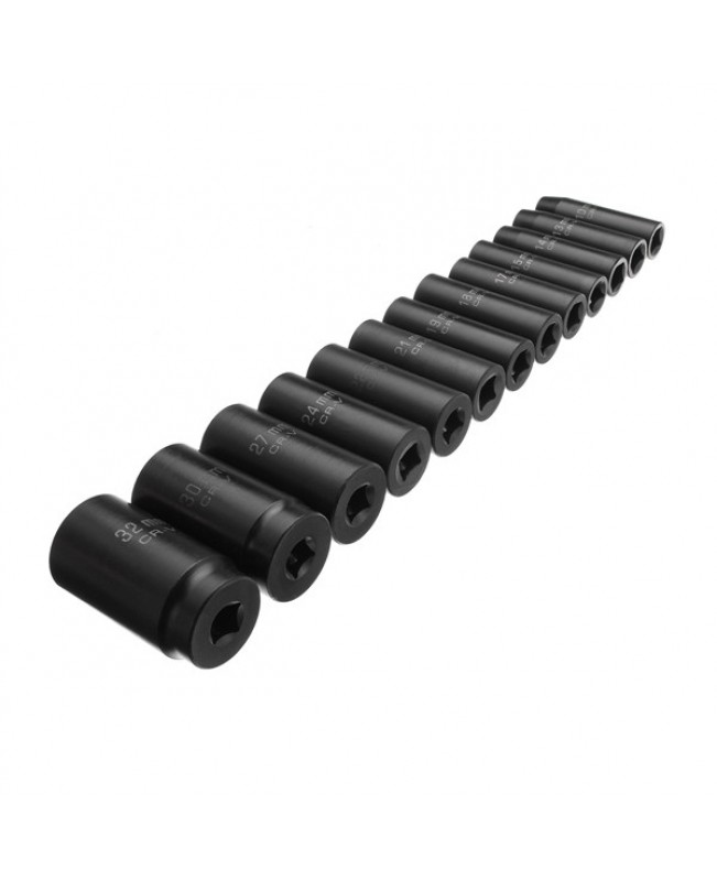 13pcs 10-32mm Drive Deep Impact Socket Set CR-V Metric Garage Wrench Tool