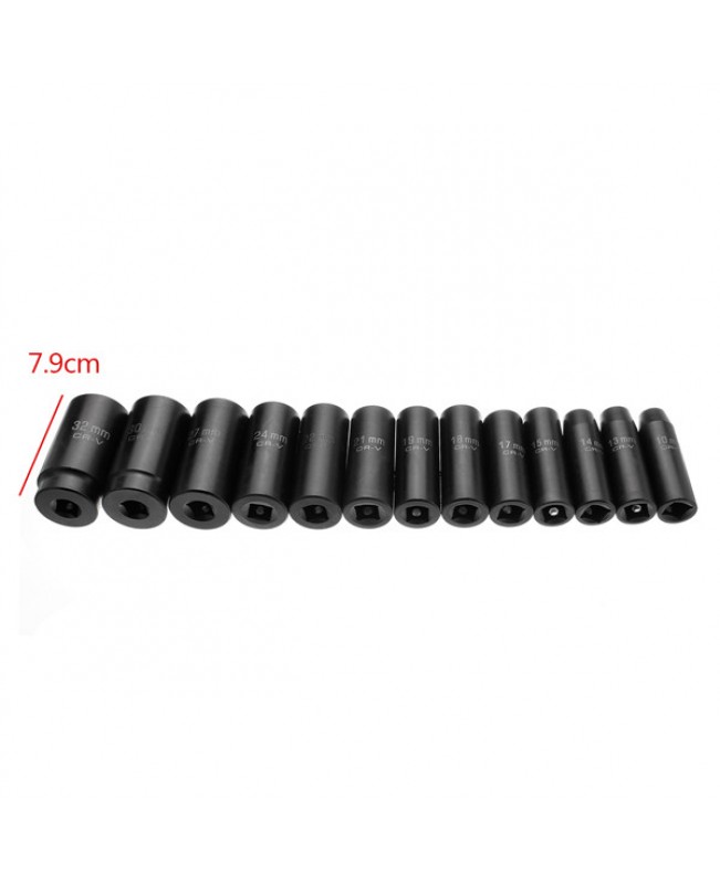 13pcs 10-32mm Drive Deep Impact Socket Set CR-V Metric Garage Wrench Tool