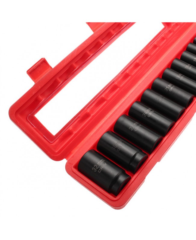 13pcs 10-32mm Drive Deep Impact Socket Set CR-V Metric Garage Wrench Tool